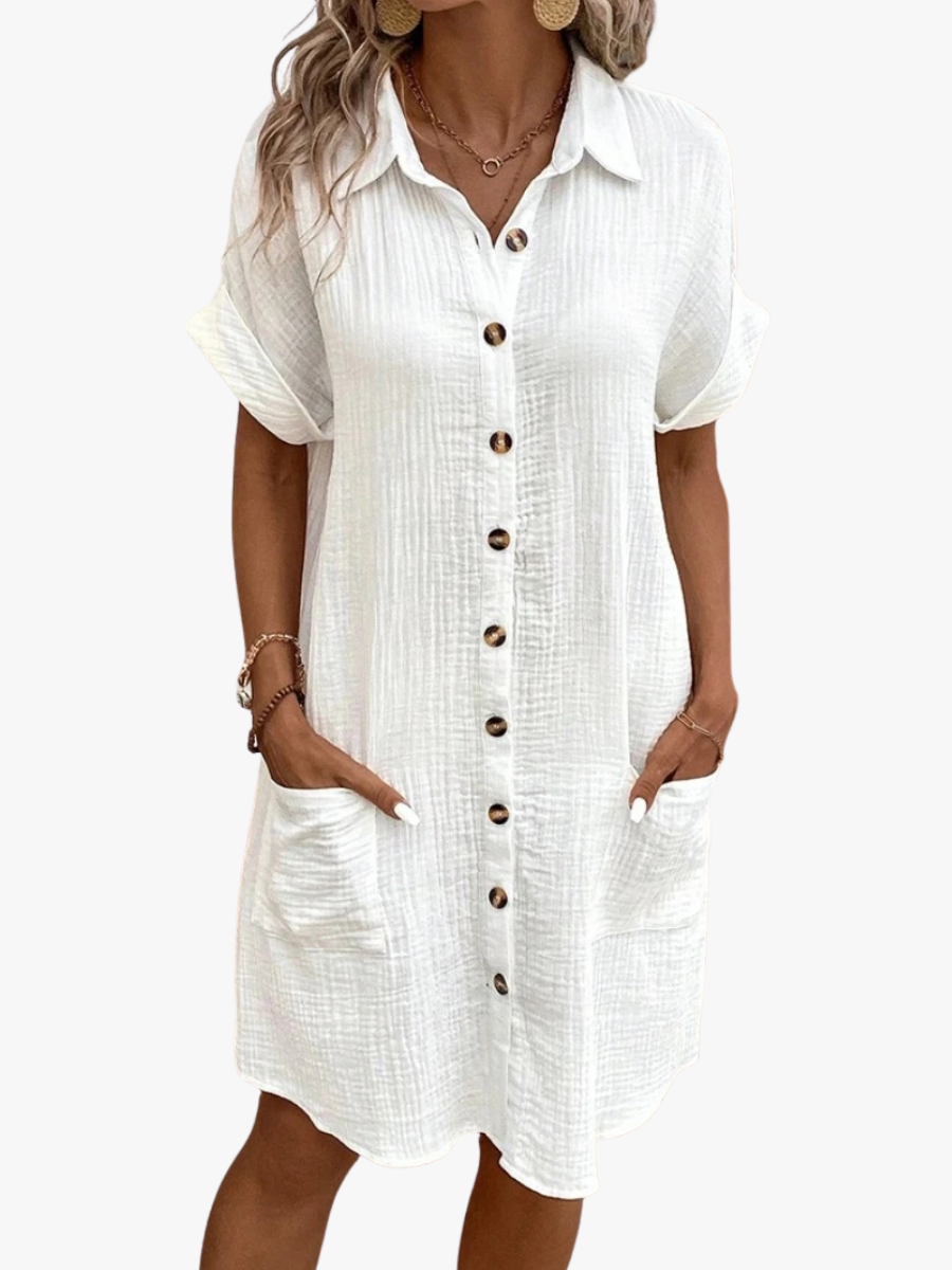 Women's Vintage V-Neck Dress – Three-Quarter Sleeve Flowy Dress