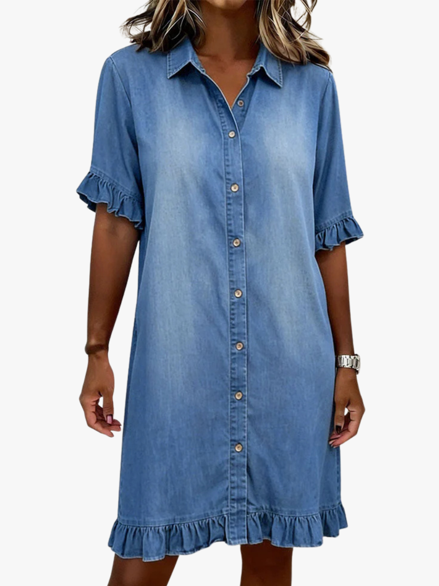 Women's Button Front Shirt Dress – Knee-Length Flounce Sleeve Dress