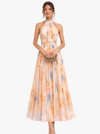 Women's Floral Chiffon Maxi Dress – Backless Flowy Occasion Dress