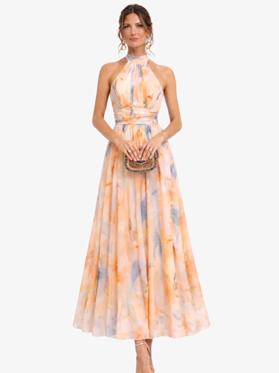 Women's Floral Chiffon Maxi Dress – Backless Flowy Occasion Dress