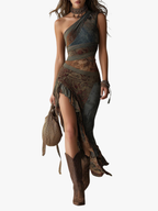 Women's Boho Halter Midi Dress – Asymmetrical Ruffle Slit Dress