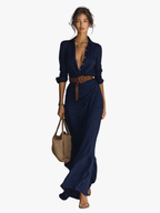 Women's Belted Maxi Shirt Dress – Lapel Collar Long Sleeve Dress