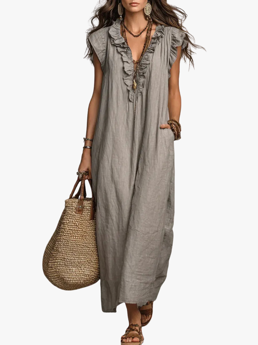 Women's Boho Maxi Dress – Flowy Ruffle Long Dress with Pockets