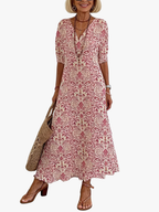 Women's Boho V-Neck Dress – Flared Printed Summer Dress