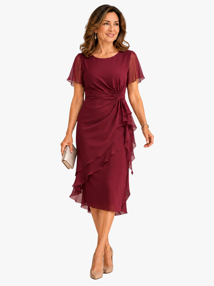 Women's Wedding Guest Midi Dress – Ruched Waist Ruffle Occasion Dress