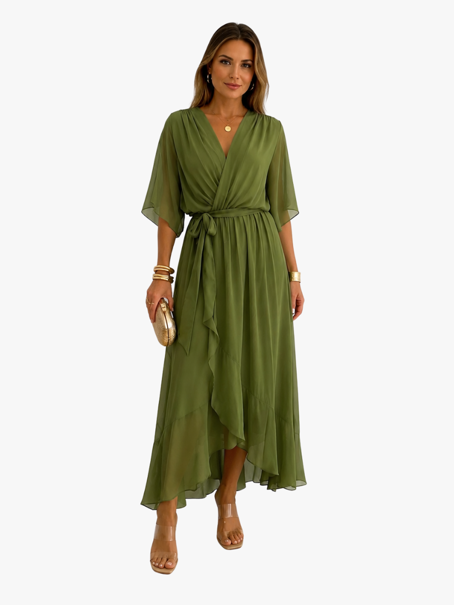 Women's Chiffon Wrap Dress – V-Neck Tie Waist Flowy Occasion Dress