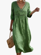 Women's V-Neck Midi Dress – Short Sleeve Pocket Summer Dress