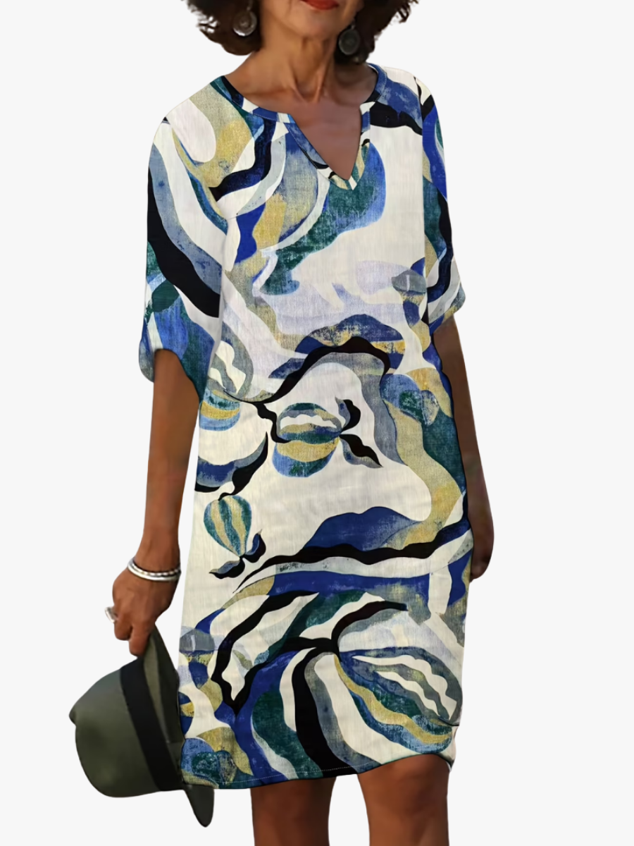 Women's Printed Summer Dress – V-Neck Three-Quarter Sleeve Dress