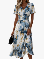 Women's Floral A-Line Midi Dress – V-Neck Cinched Waist Dress