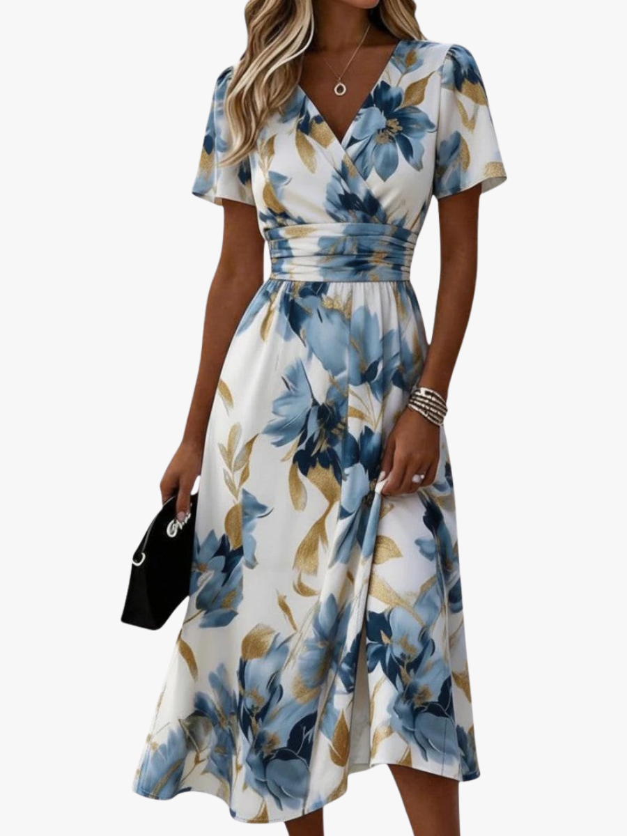 Women's Floral A-Line Midi Dress – V-Neck Gathered Waist Occasion Dress