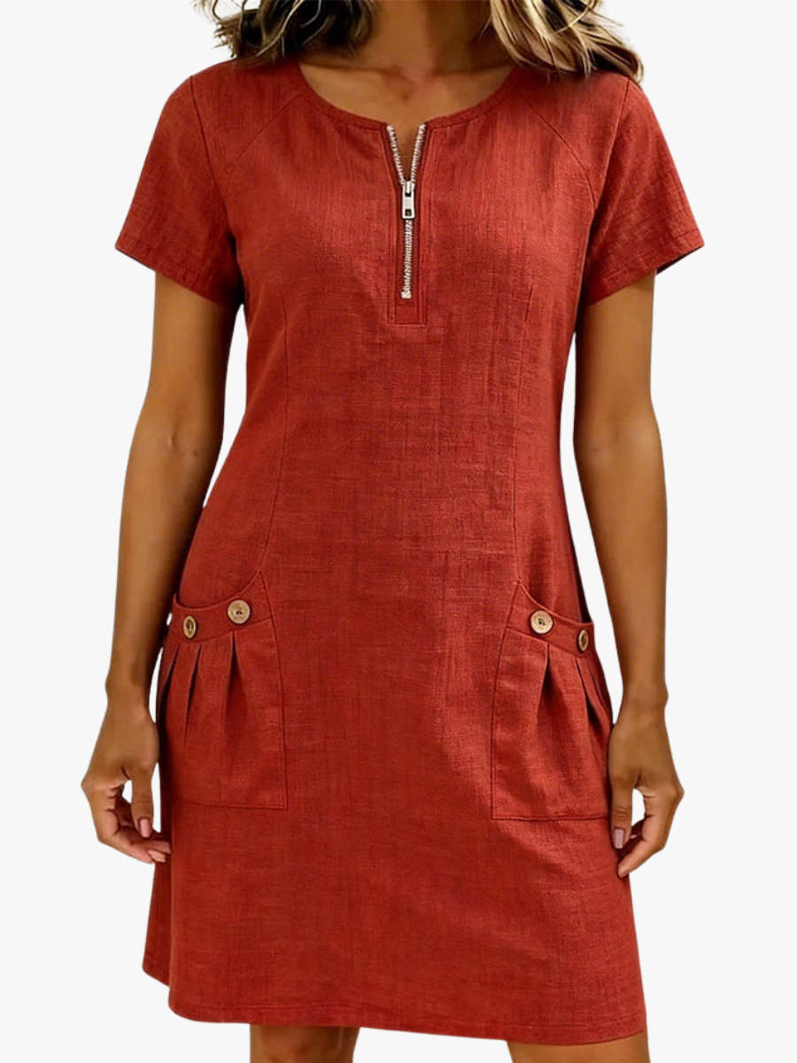 Women's A-Line Midi Dress – Short Sleeve Pocket Day Dress