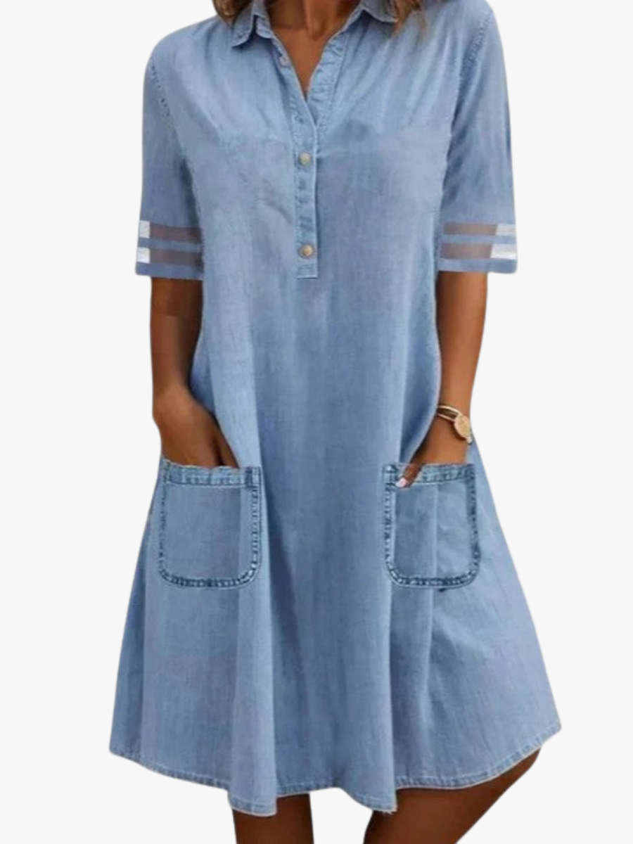 Women's Denim Look Shirt Dress – Button Front Long Sleeve Dress