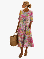 Women's Floral Midi Dress – Short Sleeve Flowy Summer Dress