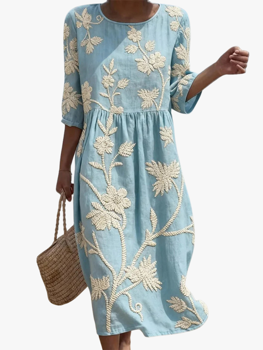 Women's Embroidered Midi Dress – Floral Relaxed Summer Dress