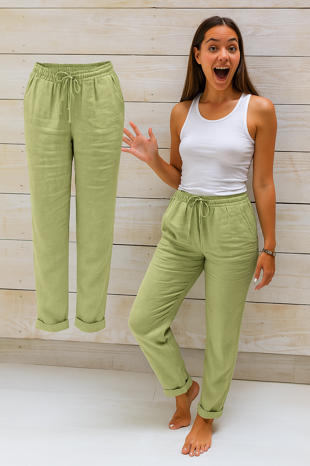 Women's Straight Leg Drawstring Pants – Elastic Waist Casual Pocket Trousers