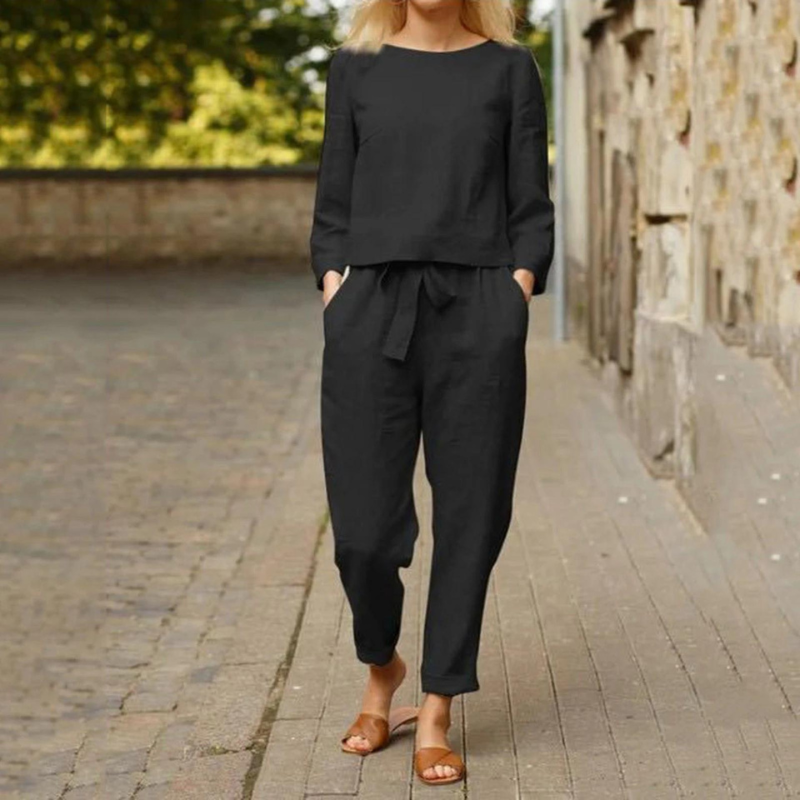 Women's Relaxed Pants Set – Long Sleeve Top & Wide Leg Matching Set