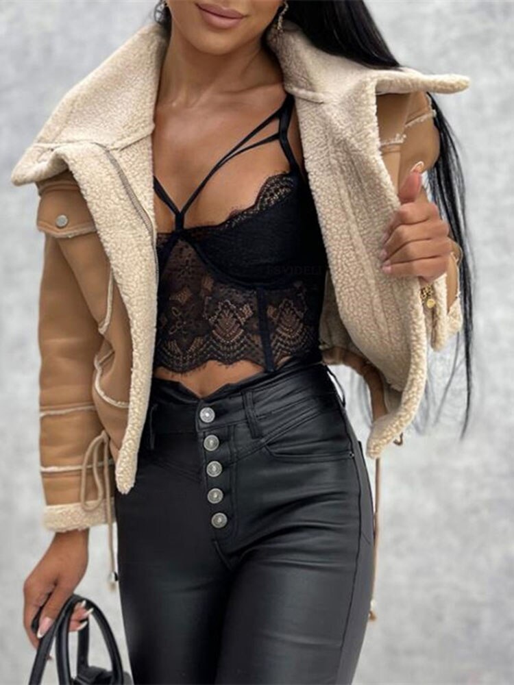 Women's Shearling Style Jacket – Zip-Up Pocket Winter Coat