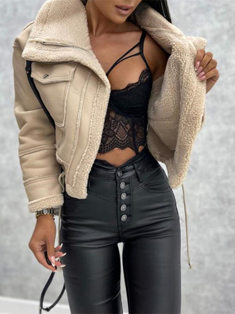 Women's Shearling Style Jacket – Zip-Up Pocket Winter Coat
