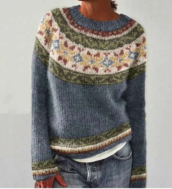 Women's Norwegian Pattern Sweater – Nordic Crew Neck Long Sleeve Pullover
