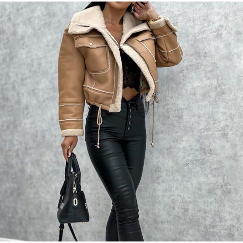 Women's Shearling Style Jacket – Zip-Up Pocket Winter Coat