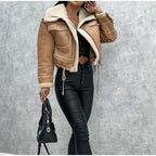 Women's Shearling Style Jacket – Zip-Up Pocket Winter Coat