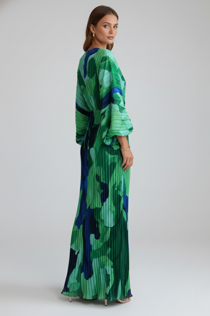 Women's Pleated Maxi Dress – V-Neck Evening Dress