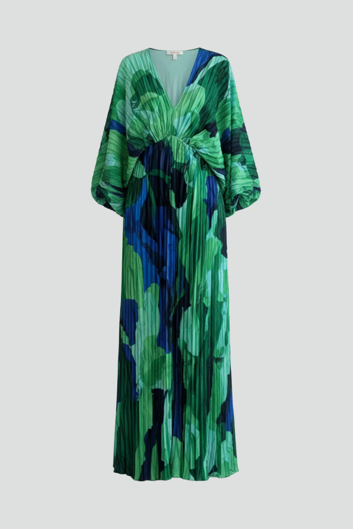 Women's Pleated Maxi Dress – V-Neck Evening Dress