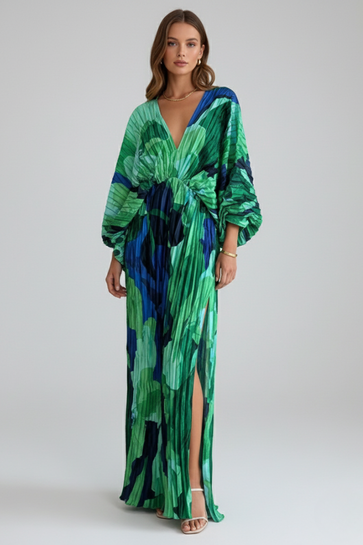 Women's Pleated Maxi Dress – V-Neck Evening Dress
