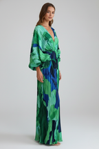 Women's Pleated Maxi Dress – V-Neck Evening Dress