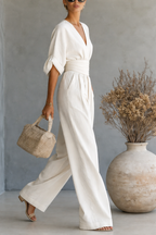 Women's Kimono Sleeve Wrap Jumpsuit – V-Neck Wide Leg Occasion Jumpsuit