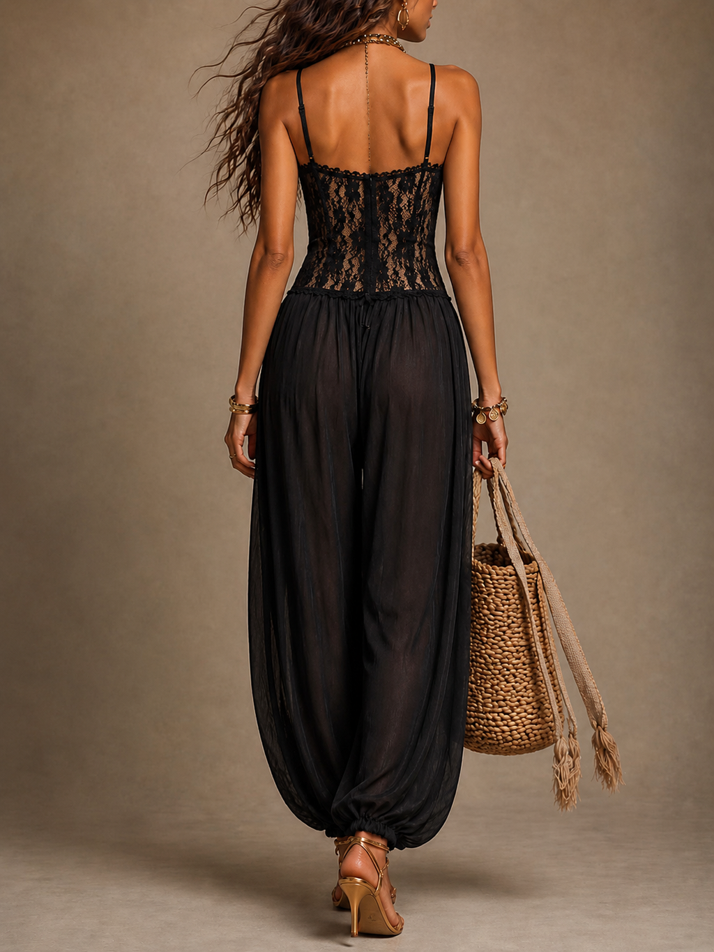 Women's Lace Halter Jumpsuit – Lace Bodice Wide Leg Evening Jumpsuit