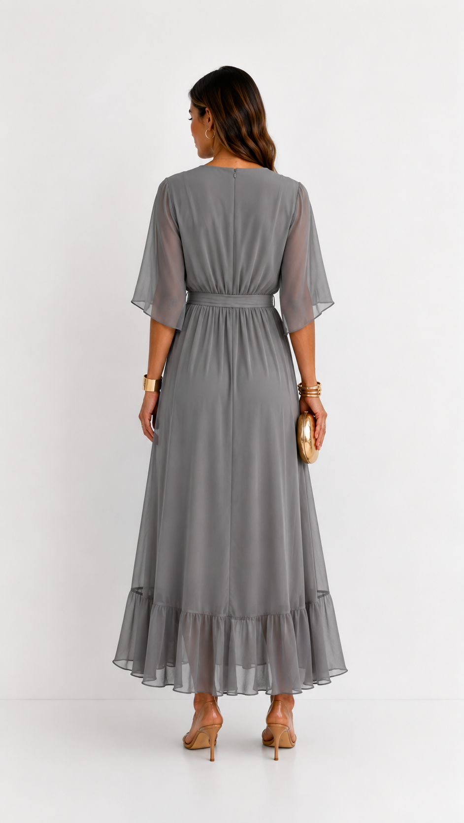 Women's Chiffon Wrap Dress – V-Neck Tie Waist Flowy Occasion Dress
