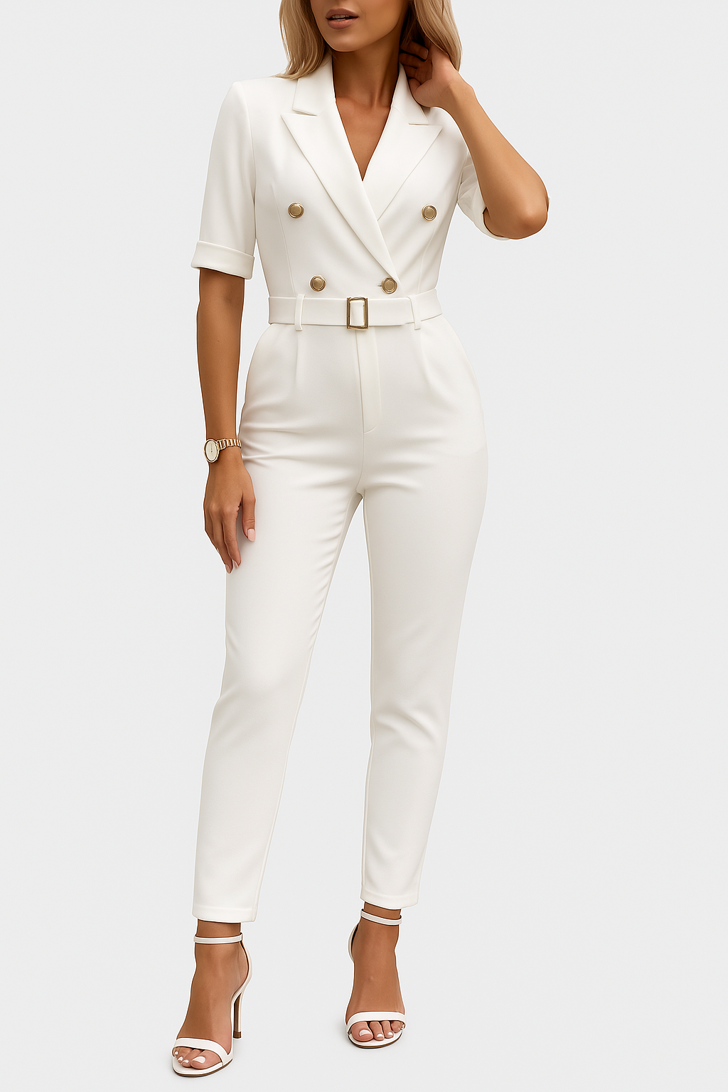 Women's Lapel Jumpsuit – Belted Deep V-Neck Wide Leg Jumpsuit