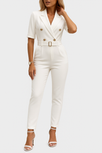 Women's Lapel Jumpsuit – Belted Deep V-Neck Wide Leg Jumpsuit