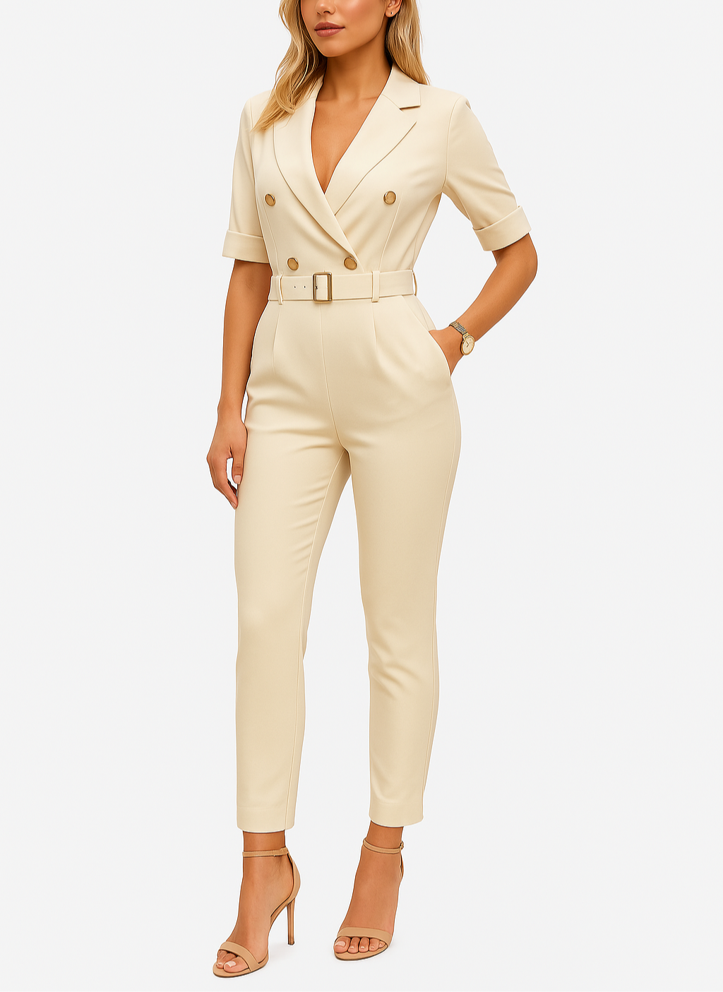 Women's Lapel Jumpsuit – Belted Deep V-Neck Wide Leg Jumpsuit