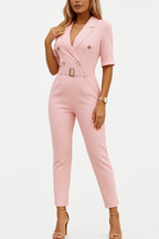 Women's Lapel Jumpsuit – Belted Deep V-Neck Wide Leg Jumpsuit