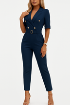 Women's Lapel Jumpsuit – Belted Deep V-Neck Wide Leg Jumpsuit
