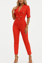 Women's Lapel Jumpsuit – Belted Deep V-Neck Wide Leg Jumpsuit