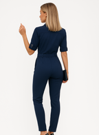 Women's Lapel Jumpsuit – Belted Deep V-Neck Wide Leg Jumpsuit