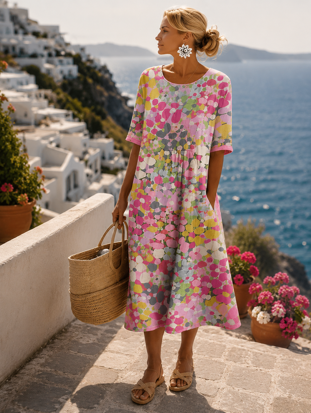 Women's Floral Midi Dress – Short Sleeve Flowy Summer Dress