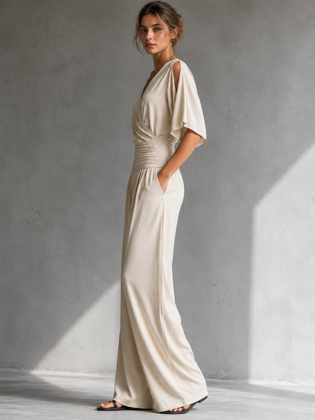 Women's V-Neck Wrap Wide Leg Jumpsuit – Open Shoulder Pocket Evening Jumpsuit