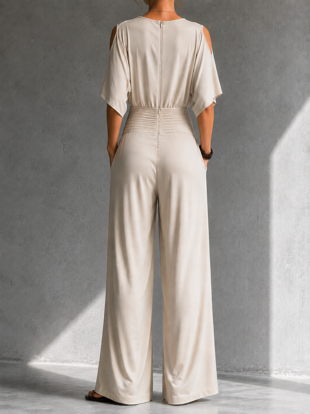 Women's V-Neck Wrap Wide Leg Jumpsuit – Open Shoulder Pocket Evening Jumpsuit