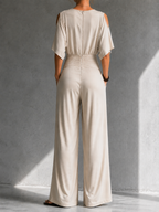 Women's V-Neck Wrap Wide Leg Jumpsuit – Open Shoulder Pocket Evening Jumpsuit
