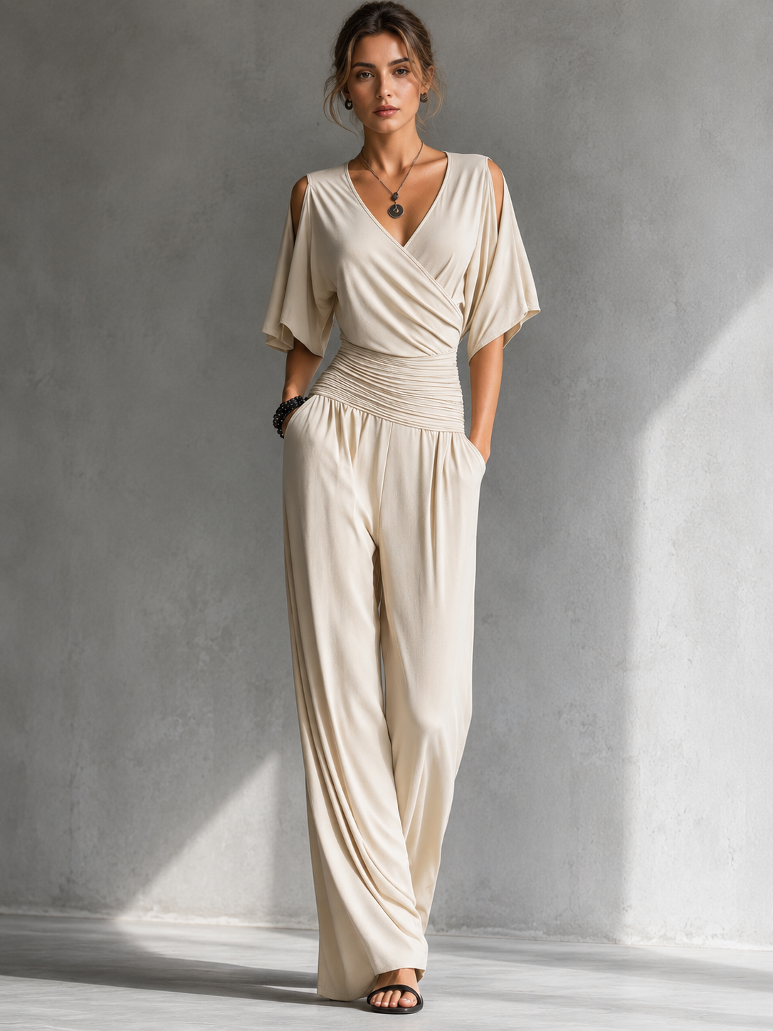 Women's V-Neck Wrap Wide Leg Jumpsuit – Open Shoulder Pocket Evening Jumpsuit