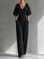 Women's V-Neck Wrap Wide Leg Jumpsuit – Open Shoulder Pocket Evening Jumpsuit