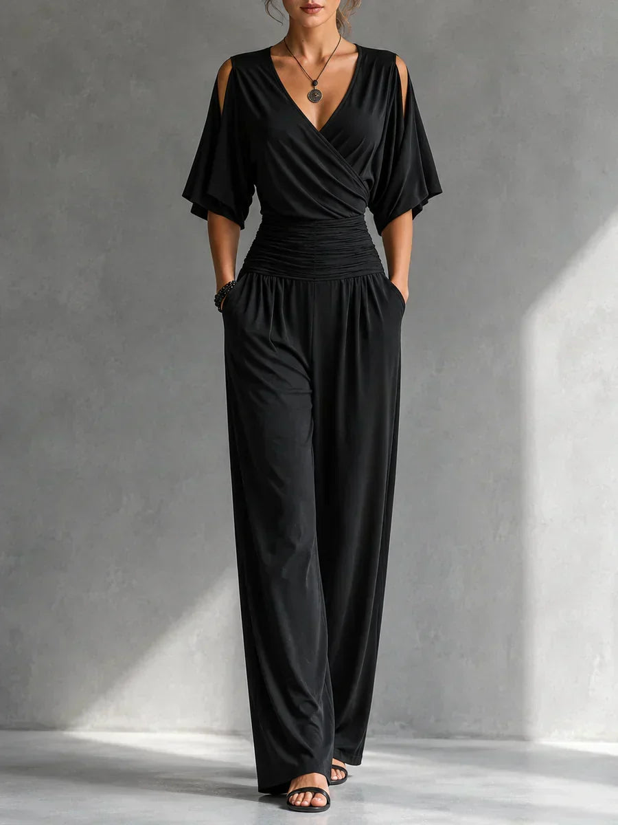 Women's V-Neck Wrap Wide Leg Jumpsuit – Open Shoulder Pocket Evening Jumpsuit