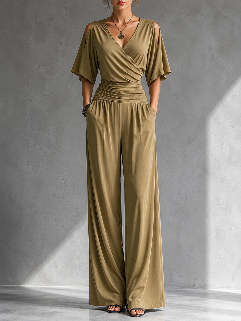 Women's V-Neck Wrap Wide Leg Jumpsuit – Open Shoulder Pocket Evening Jumpsuit