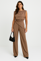Women's Draped Top Pants Set – High Waist Wide Leg Co-Ord Set