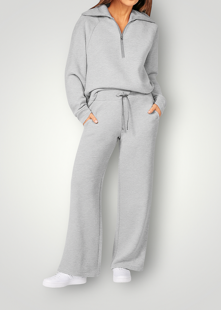 Women's Wide Leg Lounge Set – Zip-Up Top High Waist Pants Set