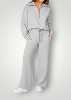 Women's Wide Leg Lounge Set – Zip-Up Top High Waist Pants Set